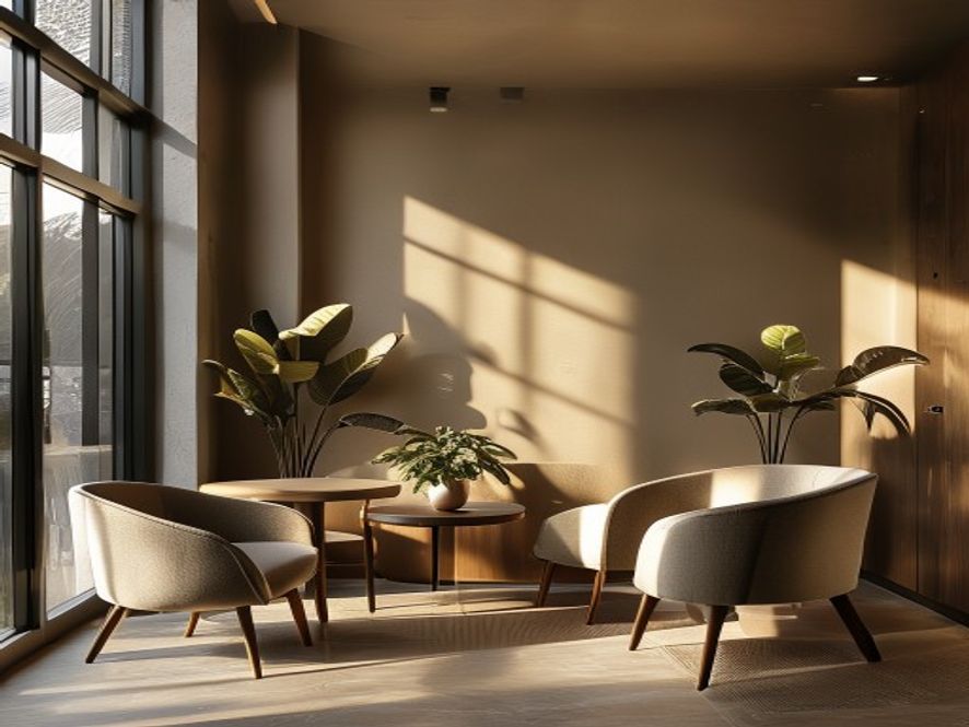Comfortable break area with natural light, plants, and relaxing seating